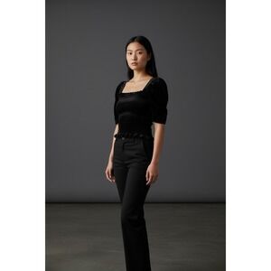 Sugar Lips Goth Black Velvet Puff Sleeve Crop Top XXL Smocked Stretch